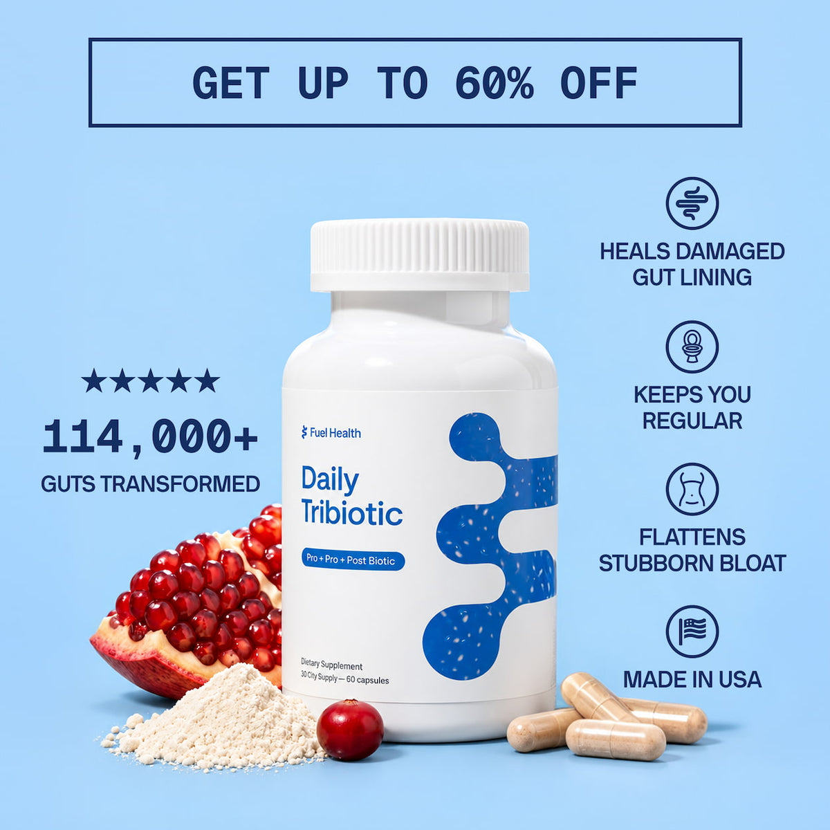 Fuel Health Daily Tribiotic bottle with pomegranate and product benefits